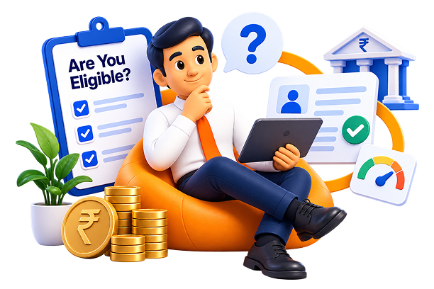 Smiling person on a sofa checking loan eligibility on a phone
