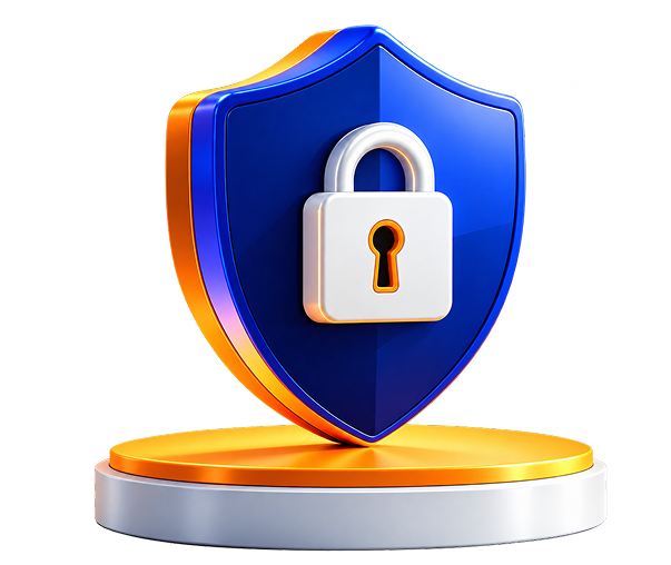 Blue and gold security shield with a padlock in a sunlit office