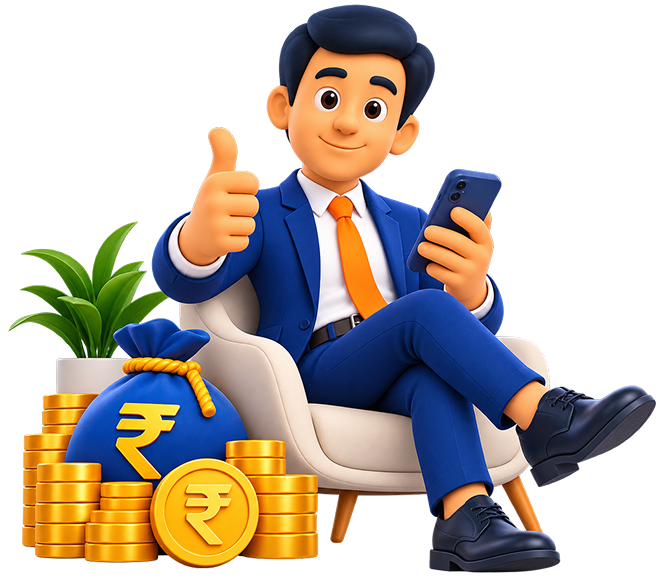 Smiling professional in a suit giving a thumbs up beside stacks of rupee coins